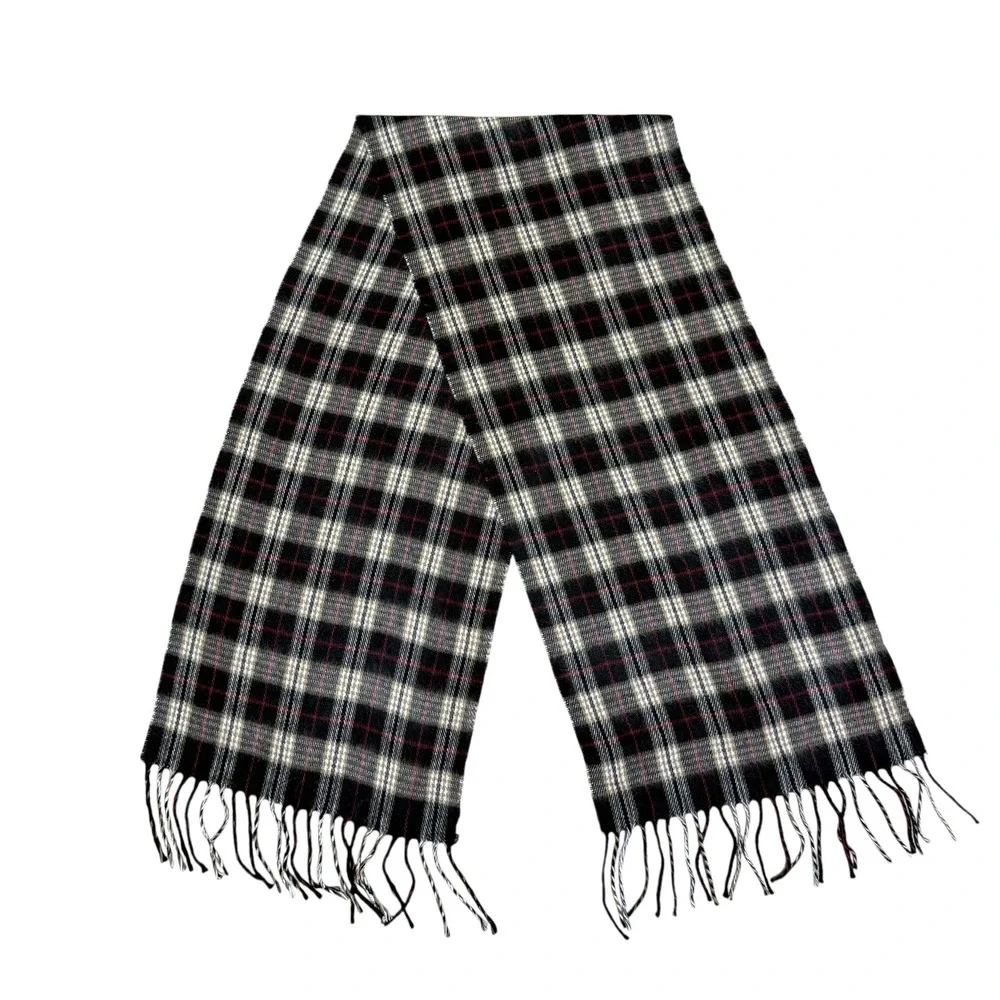 Geoffrey Beene Cashme Scarf Plaid Black Tan Red Made in Italy Acrylic Fringe‎